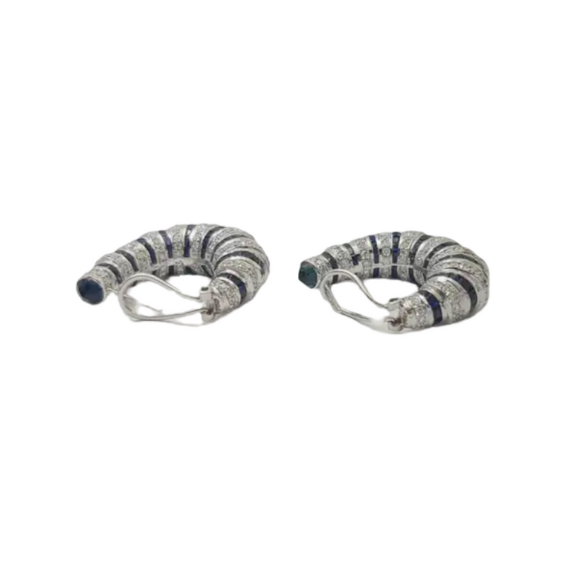 JE0370L - Blue Sapphire and Diamond Hoop Earrings set in 18K White Gold