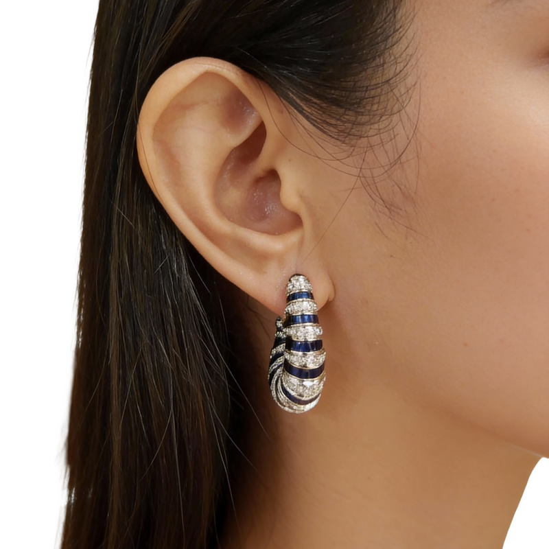 JE0370L - Blue Sapphire and Diamond Hoop Earrings set in 18K White Gold