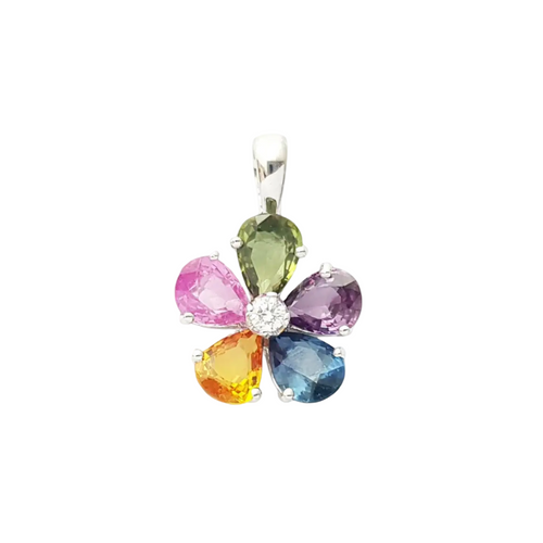 JP0119L - Fancy Sapphire with Diamond Flower Pendant set in 18K White Gold Setting