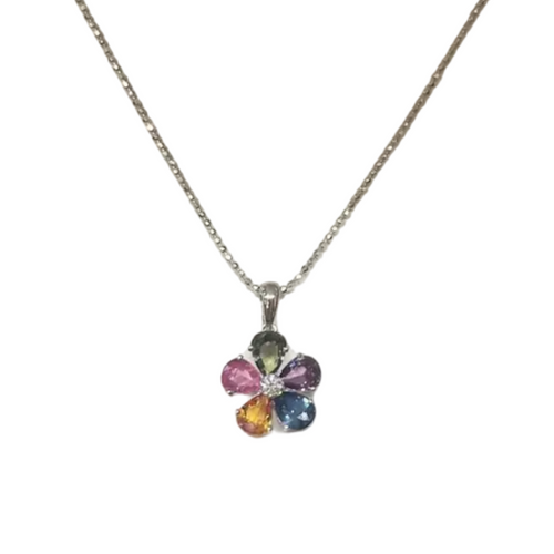 JP0119L - Fancy Sapphire with Diamond Flower Pendant set in 18K White Gold Setting