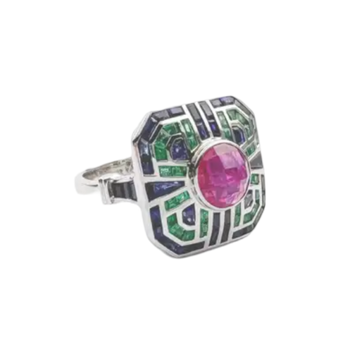 JR0071L - Ruby, Blue Sapphire and Emerald Art Deco Style Ring set in 18K White Gold Setting