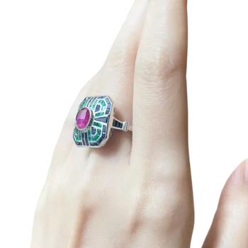 JR0071L - Ruby, Blue Sapphire and Emerald Art Deco Style Ring set in 18K White Gold Setting