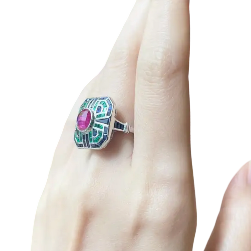 JR0071L - Ruby, Blue Sapphire and Emerald Art Deco Style Ring set in 18K White Gold Setting