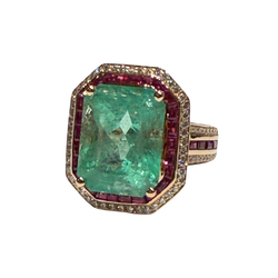 JR0036K - Colombian Emerald with Ruby and Diamond Ring set in 18k Gold Setting