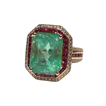 JR0036K - Colombian Emerald with Ruby and Diamond Ring set in 18k Gold Setting