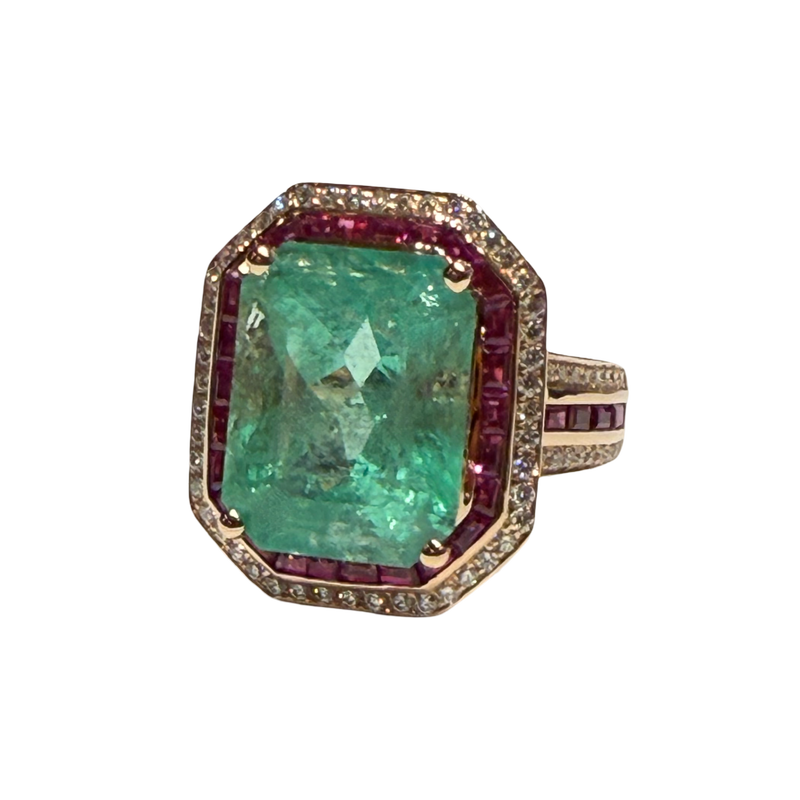 JR0036K - Colombian Emerald with Ruby and Diamond Ring set in 18k Gold Setting
