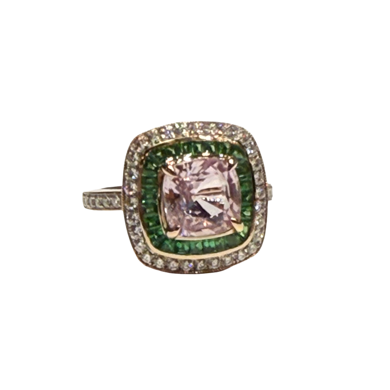 JR0037K - Unheated Pink Sapphire with Tsavorite and Diamond Ring set in 18k Rose Gold Setting