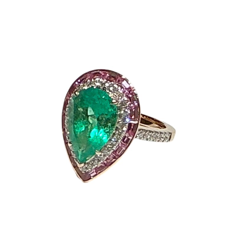 JR0043K - Pear Shaped Columbian Emerald, with Pink Sapphire and Diamond Ring set in 18K Gold Setting