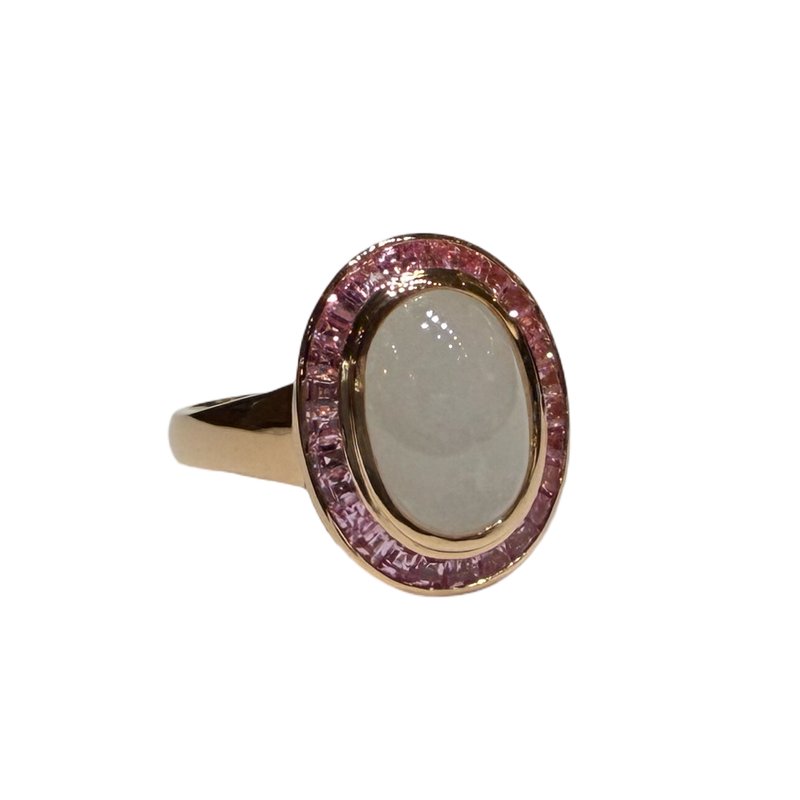 JR0046K - White Jade with Pink Sapphire Ring Set in 18K Rose Gold Setting