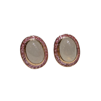 JE0031K - White Jade with Pink Sapphire Earrings Set in 18K Rose Gold Setting