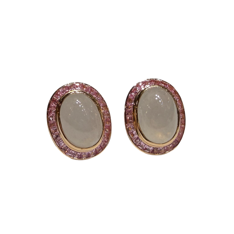 JE0031K - White Jade with Pink Sapphire Earrings Set in 18K Rose Gold Setting