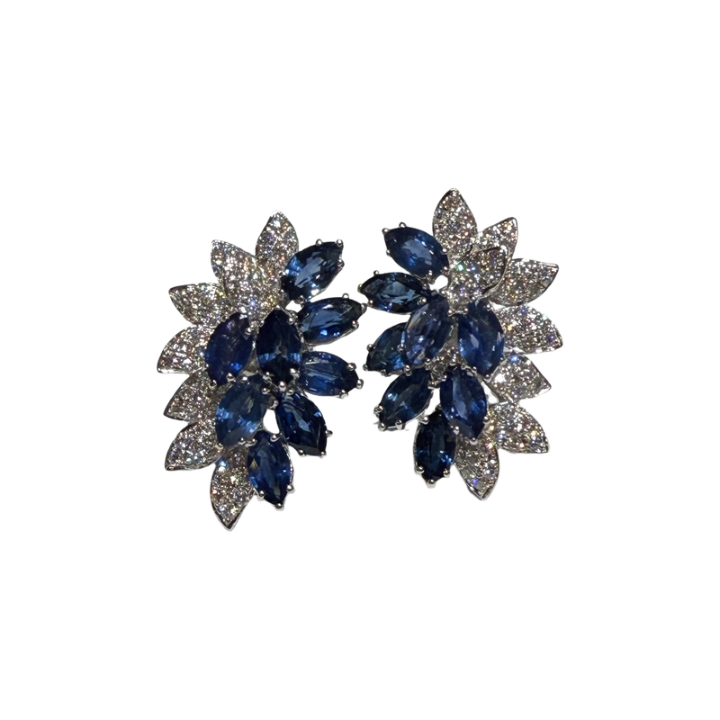 JE0032K - Marquise Blue Sapphires with Diamond Earrings set in 18K White Gold Setting