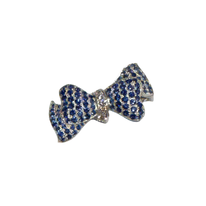 JP0017K - Blue Sapphire with Diamond Bow Brooch set in 18K White Gold Setting