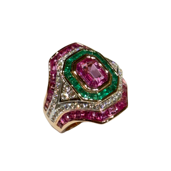 JR0048K - Pink Sapphire with Emerald and Diamond Ring set in 18K Rose Gold Setting