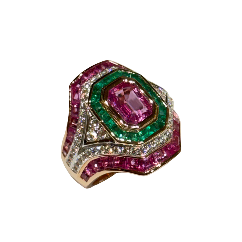 JR0048K - Pink Sapphire with Emerald and Diamond Ring set in 18K Rose Gold Setting