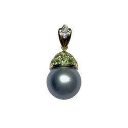 JP0019K - Tahitian South Sea Pearl with Tsavorite and Diamond Pendant Set in 18K Gold Setting