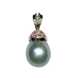 JP0020K - Tahitian South Sea Pearl with Pink Sapphire and Diamond Pendant Set in 18K Gold Setting