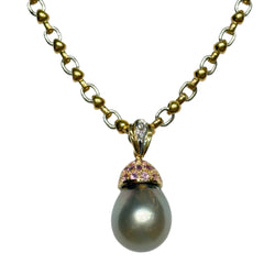 JP0020K - Tahitian South Sea Pearl with Pink Sapphire and Diamond Pendant Set in 18K Gold Setting