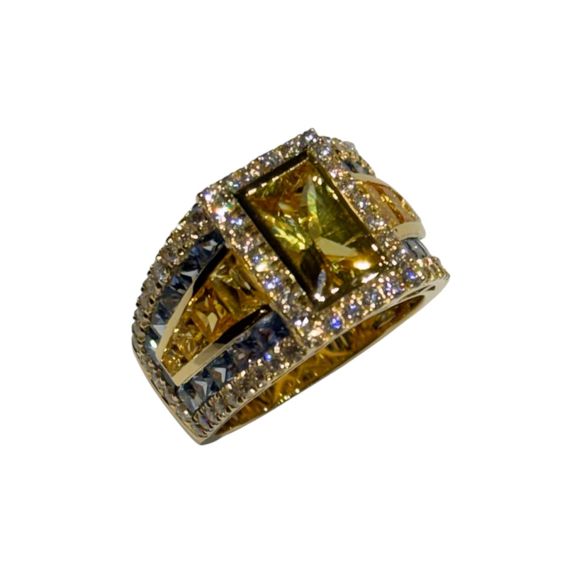 JR0070K - Yellow and Blue Sapphire with Diamond Ring Set in 18K Gold Setting