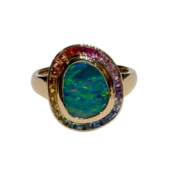 JR0076K - Boulder Opal with Multi-Sapphire Ring Set in 18K Rose Gold Setting