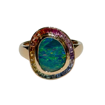 JR0076K - Boulder Opal with Multi-Sapphire Ring Set in 18K Rose Gold Setting