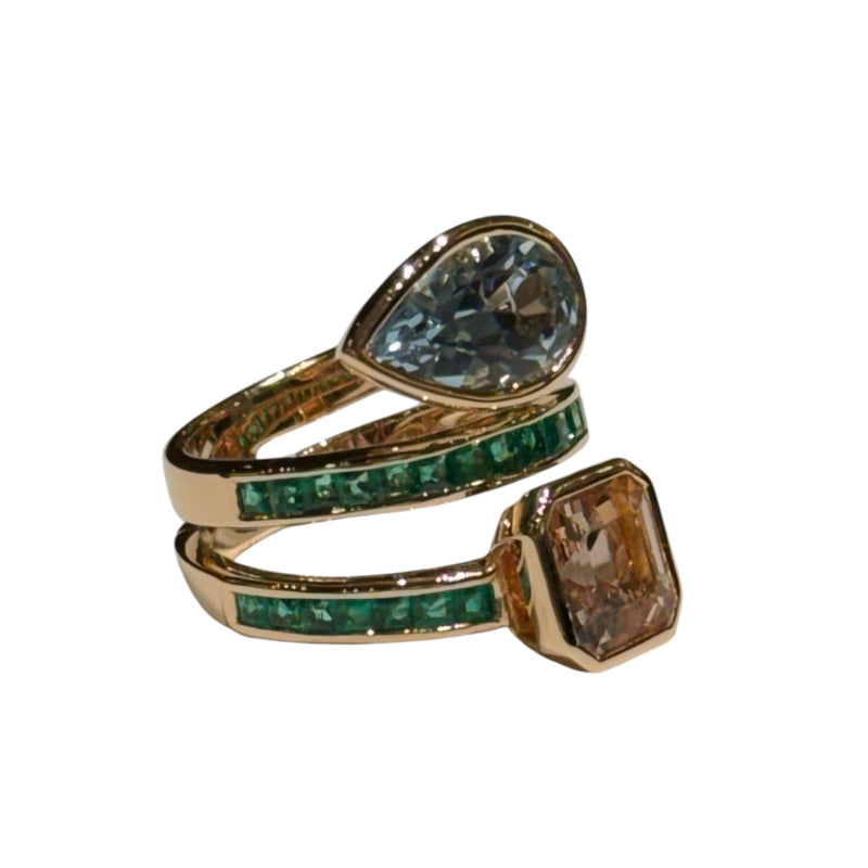 JR0077K - Aquamarine, Morganite and Emerald Ring Set in 18K Rose Gold Setting