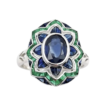 JR0060L - Art Deco Blue Sapphire with Emerald Ring set in 18K White Gold Setting