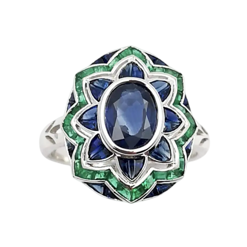 JR0060L - Art Deco Blue Sapphire with Emerald Ring set in 18K White Gold Setting