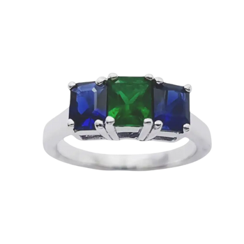 JR0123L - Trilogy Emerald and Blue Sapphire Ring set in 18K White Gold Setting