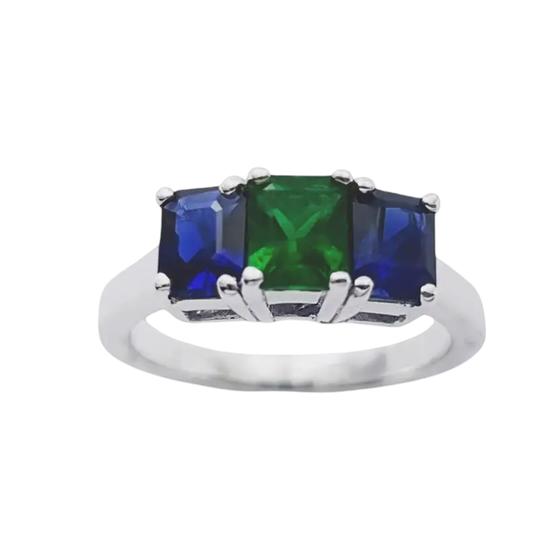 JR0123L - Trilogy Emerald and Blue Sapphire Ring set in 18K White Gold Setting
