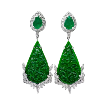 JE0436M - Carved Jade, Emerald and Diamond Earrings set in 18K White Gold Setting