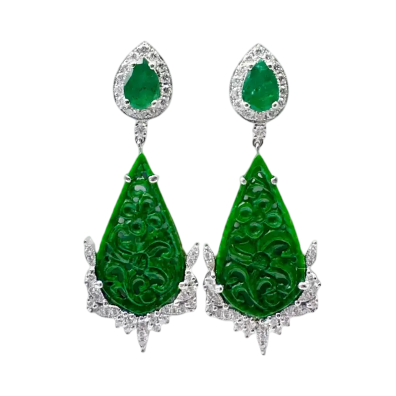 JE0436M - Carved Jade, Emerald and Diamond Earrings set in 18K White Gold Setting