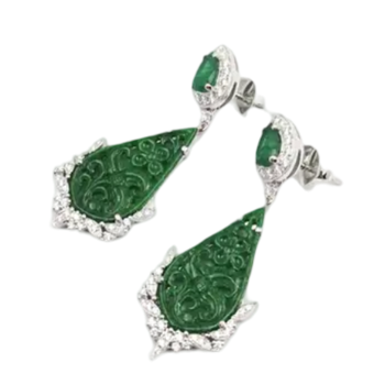 JE0436M - Carved Jade, Emerald and Diamond Earrings set in 18K White Gold Setting