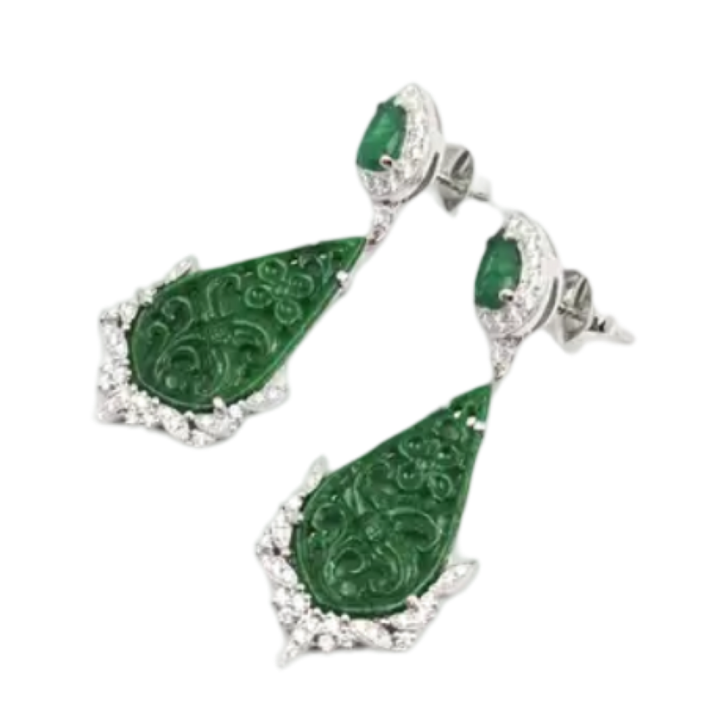 JE0436M - Carved Jade, Emerald and Diamond Earrings set in 18K White Gold Setting