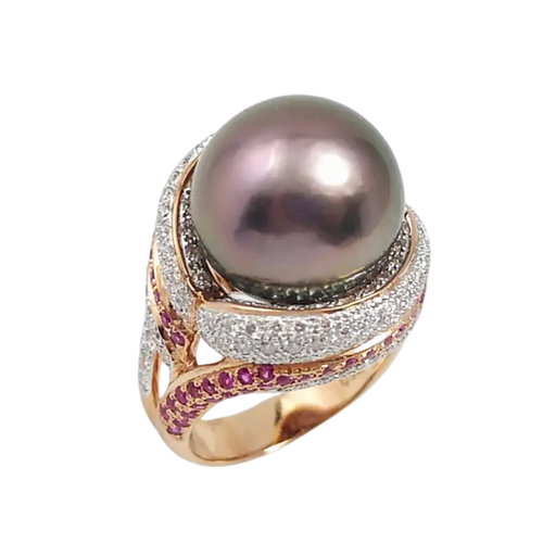 JR0302L - Tahitian South Sea Pearl with Pink Sapphire and Diamond Ring set in 18K Rose Gold Setting