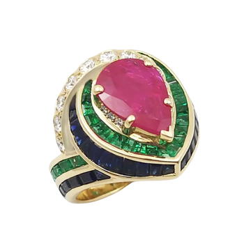 JR0397L - Ruby with Emerald, Blue Sapphire and Diamond Ring set in 18K Gold Setting