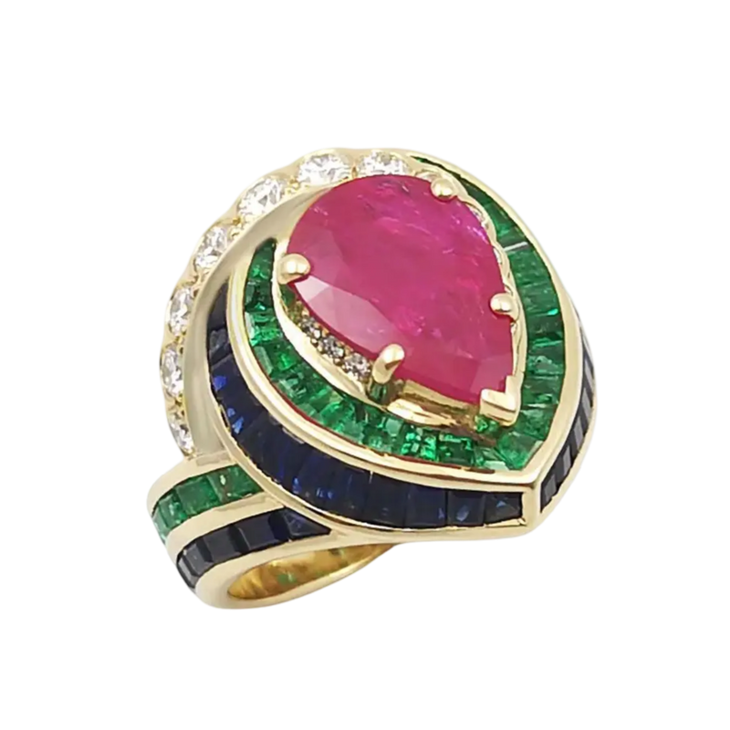 JR0397L - Ruby with Emerald, Blue Sapphire and Diamond Ring set in 18K Gold Setting