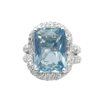 JR0718L - Emerald Cut Aquamarine with Diamond Ring set in 18K White Gold Setting