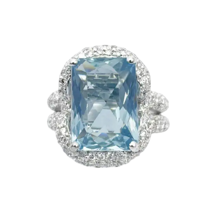 JR0718L - Emerald Cut Aquamarine with Diamond Ring set in 18K White Gold Setting