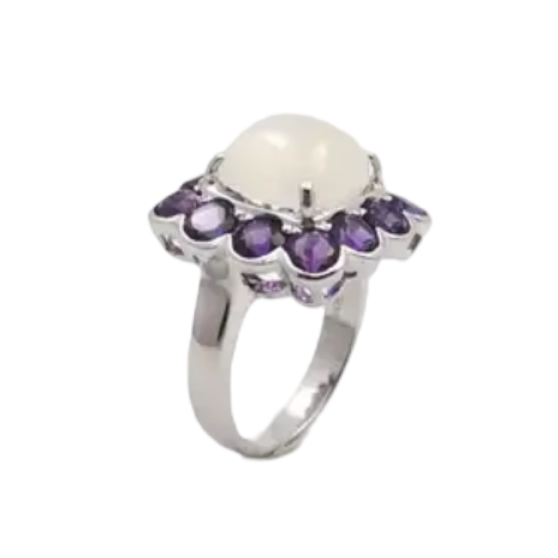 JR0038P - Sugarloaf Moonstone with Amethyst Ring set in 14K Gold White Setting