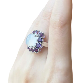 JR0038P - Sugarloaf Moonstone with Amethyst Ring set in 14K Gold White Setting