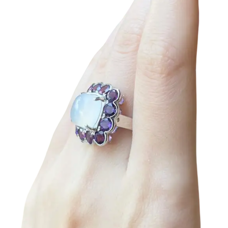 JR0038P - Sugarloaf Moonstone with Amethyst Ring set in 14K Gold White Setting