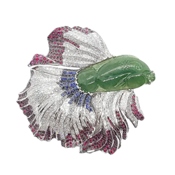 JP0172R - Jade, Sapphire, Ruby and Diamond Siamese Fighting Fish Brooch in 18K White Gold