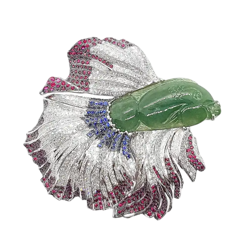 JP0172R - Carved Jade, Sapphire, Ruby and Diamond Siamese Fighting Fish Brooch in 18K White Gold