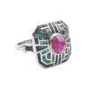 JR0071L - Ruby, Blue Sapphire and Emerald Ring set in 18K White Gold Setting