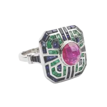 JR0071L - Ruby, Blue Sapphire and Emerald Ring set in 18K White Gold Setting