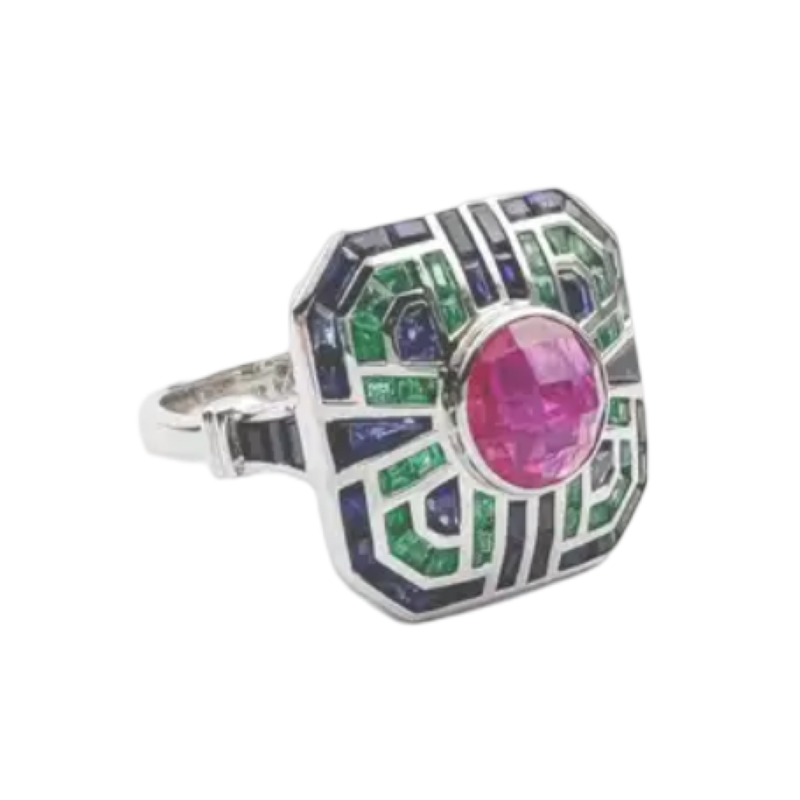 JR0071L - Ruby, Blue Sapphire and Emerald Ring set in 18K White Gold Setting