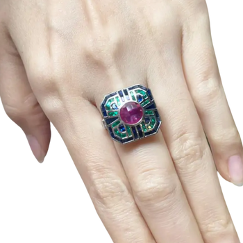 JR0071L - Ruby, Blue Sapphire and Emerald Ring set in 18K White Gold Setting