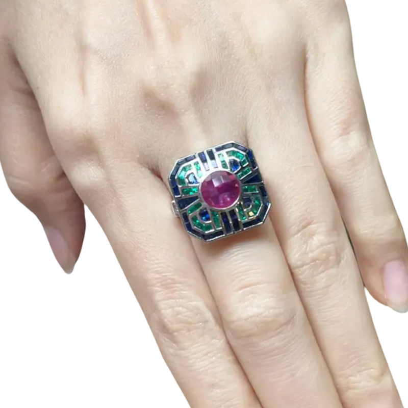 JR0071L - Ruby, Blue Sapphire and Emerald Ring set in 18K White Gold Setting