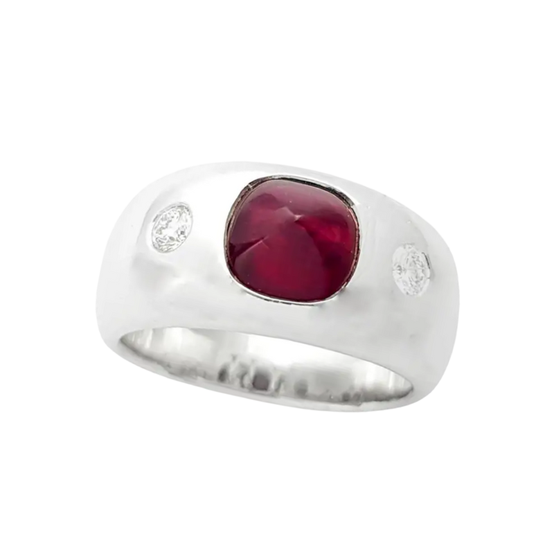 JR0309T - Sugarloaf Cabochon Ruby with Diamond Ring set in 18K White Gold Setting